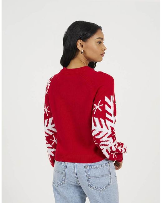 Brave Soul Red Crew Neck Snowflake Christmas Jumper