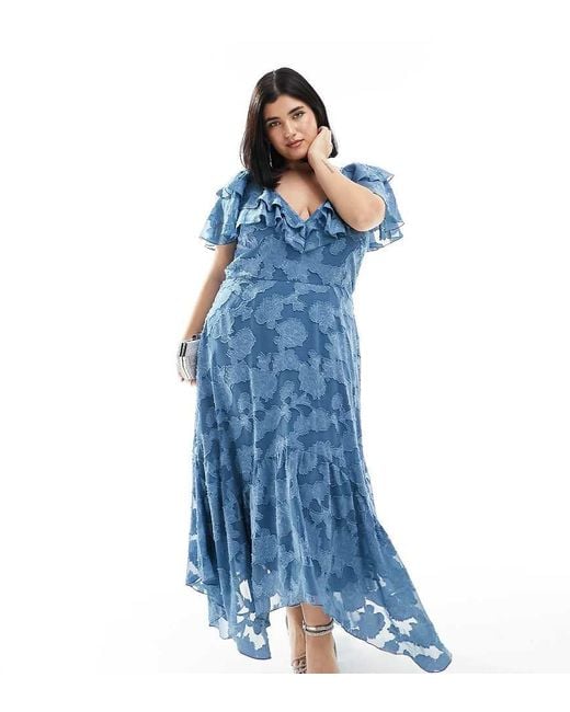 ASOS Blue Asos Design Curve V Front V Back Ruffle Midi Dress With Flutter Sleeve And Tie Back