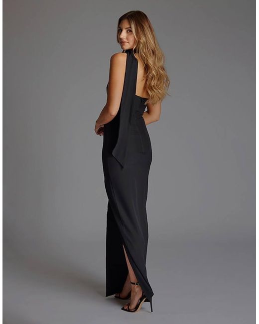 Vesper Gray Scarf Detail One Shoulder Maxi Dress