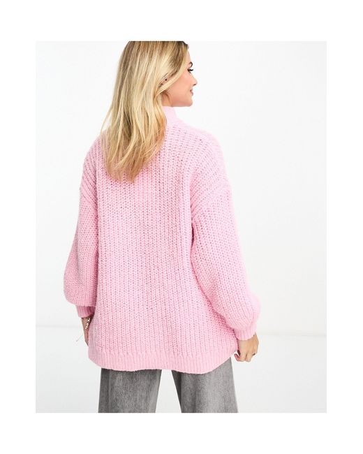 Monki Pink High Neck Chunky Rib Knitted Jumper With Volume Sleeve