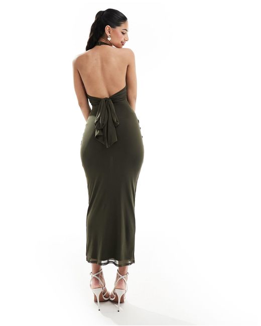 ASOS Green High Neck Ruched Mesh Midi Dress With Sheer Panels And Tie Back