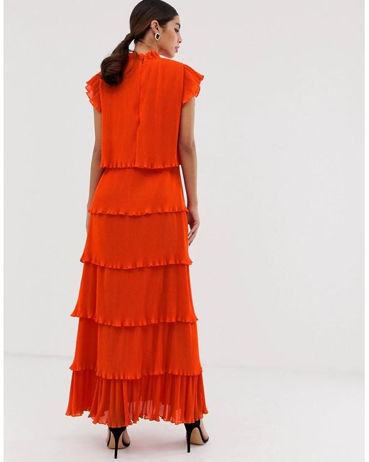 Y.A.S Leather Pleated Tiered Maxi Dress in Orange - Lyst