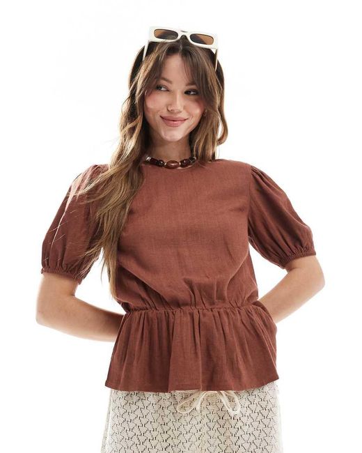 ASOS Top Van Linnenmix Met Peplum En Pofmouwen in het Brown