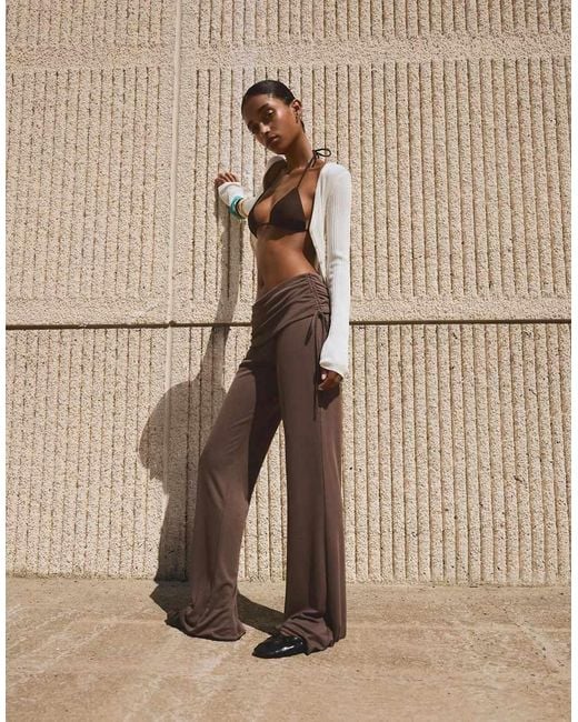 Bershka Natural Flowing Flared Trousers With Tie