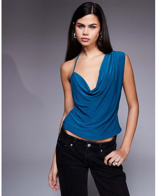 ASOS Blue Slinky Asymmetric Cowl Neck Top