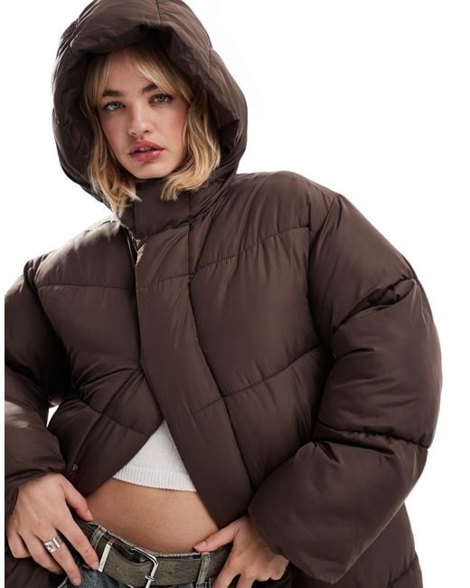 Collusion Brown Maxi Puffer Jacket With Hood