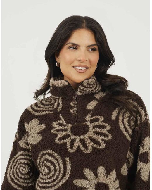 Brave Soul Brown Quarter Zip Flower Print Sherpa Fleece