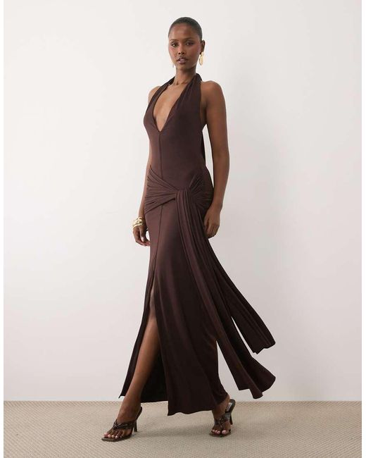 TFNC London Brown Slinky Halterneck Plunge Maxi Dress
