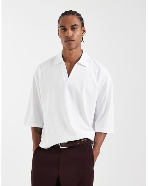 ASOS White Heavyweight Boxy Oversized Polo Shirt With Half Sleeves for men