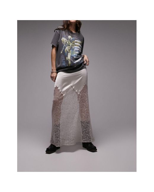 TOPSHOP Gray Satin Lace Mix Maxi Skirt