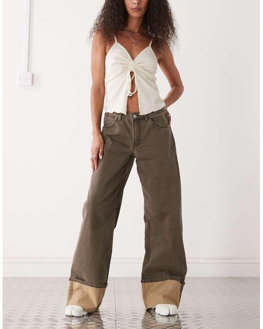 Monki Broek Van Keperstof Met Wijde Pijpen En Contrasterende Omslag in het Natural