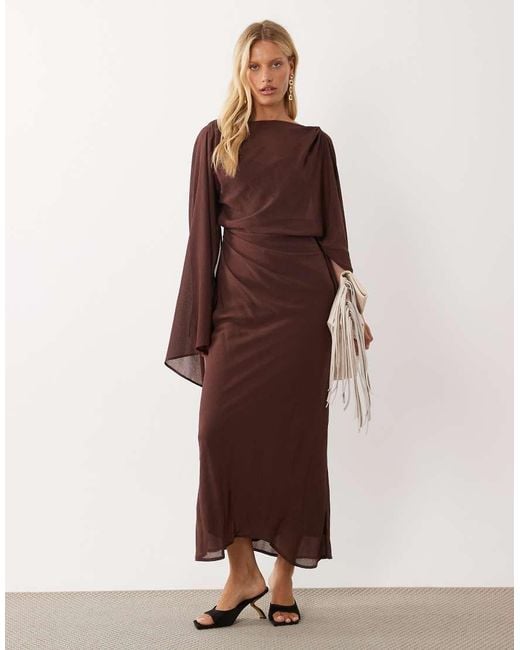 ASOS Brown Kimono Sleeve Cape Detail Draped Midaxi Dress With Open Back