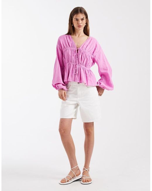 ASOS Pink Long Sleeve Smock Top With Button Front