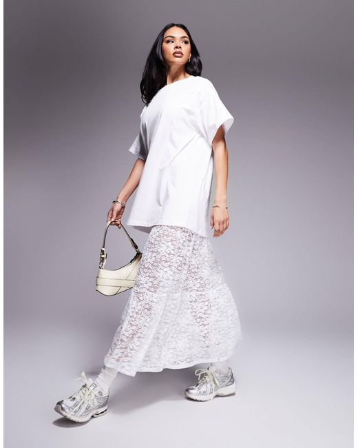 ASOS Gray 2 In 1 T-shirt Midi Dress With Tiered Lace Skirt In White