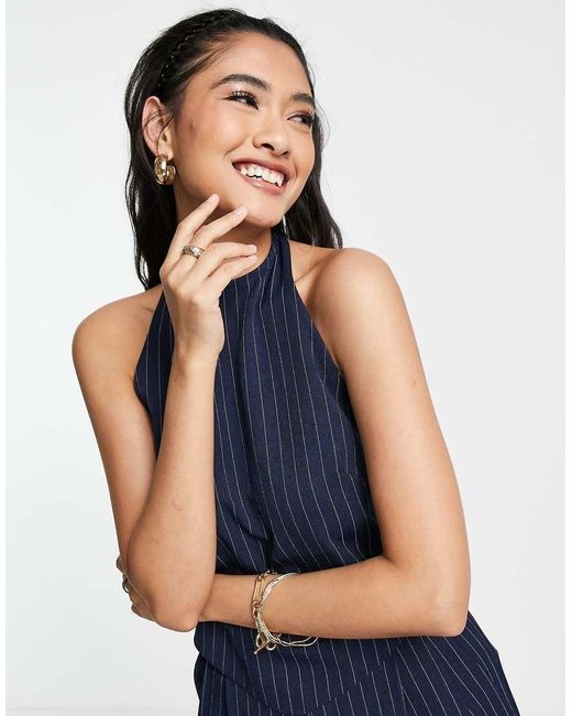 ASOS Blue 2 In 1 Halter Tailored Jumpsuit In Navy Pinstripe