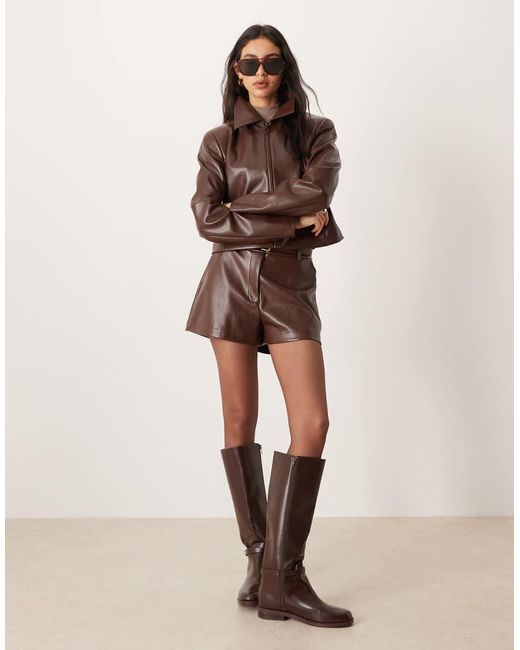 ASOS Brown Tailored Faux Leather Zip Front Cropped Blazer Co-Ord