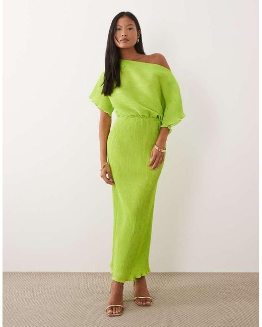 Never Fully Dressed Green Petite Tilly Off Shoulder Plisse Maxi Dress