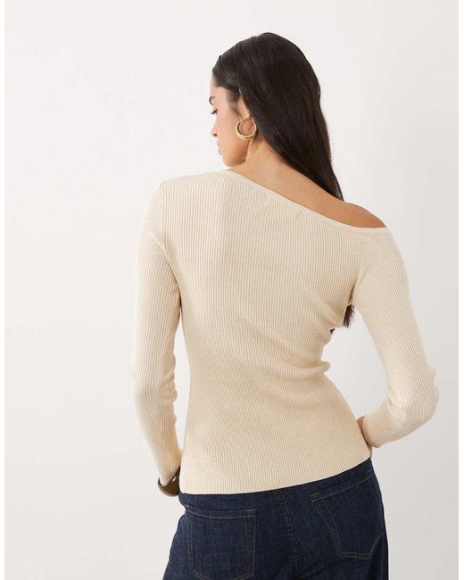 Kaiia White Exclusive Ribbed Knit Off Shoulder Button Split Front Long Sleeve Top