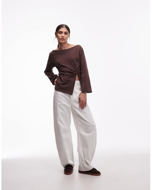 ASOS Brown Off Shoulder Knot Detail Long Sleeve Top