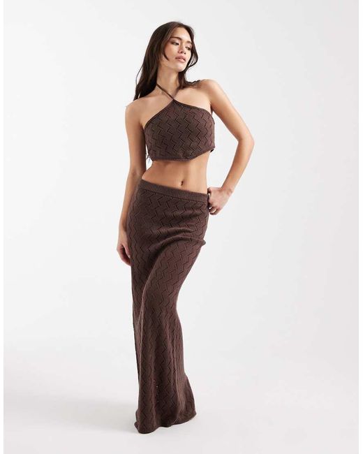 4th & Reckless Brown Cotton Rich Zig Zag Knit Halterneck Beach Top Co-ord