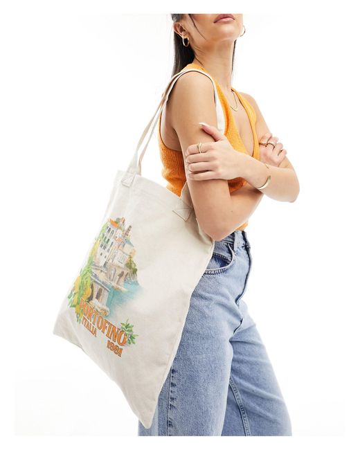 ASOS White Canvas Tote Bag With Portafino Print