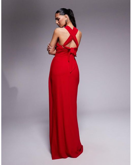 Goddiva Red Halterneck Thigh Split Chiffon Maxi Dress