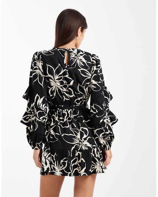 Wednesday's Girl Black Tie Waist Long Sleeve Mini Dress