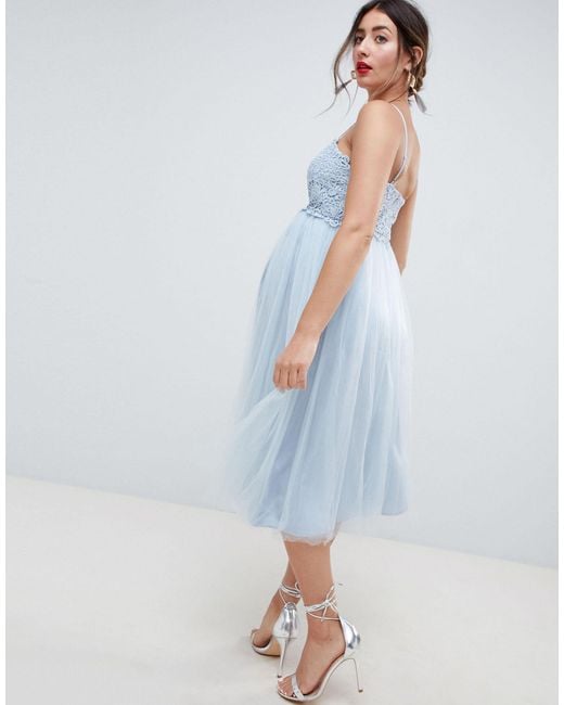 asos design premium lace cami top tulle midi dress