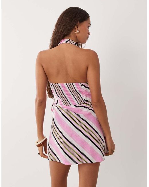 ASOS Pink Asos Design Petite Cotton Linen Halter Neck Wrap Mini Dress
