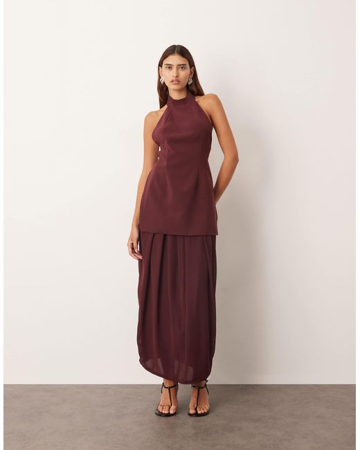 ARRANGE Red Hybrid Halter Drape Hem Midi Dress With Open Back