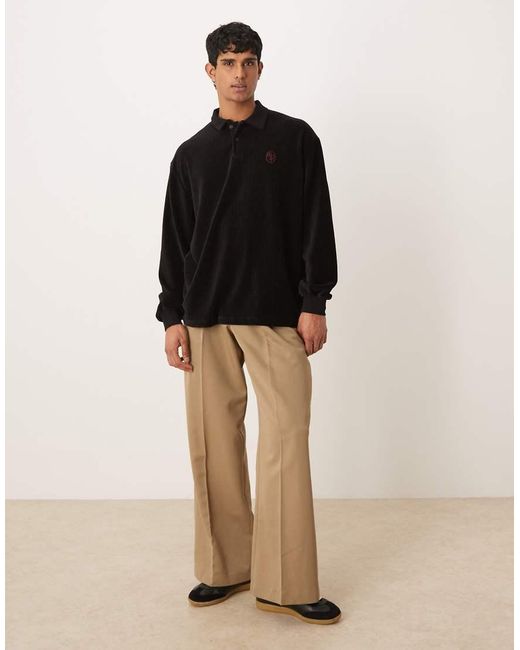 ASOS Black Heavyweight Oversized Long Sleeve Polo T-shirt With Small Chest Embroidery for men