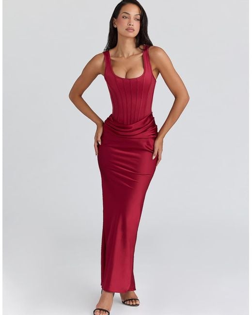 House Of Cb Red Kira Satin Corset Maxi Dress