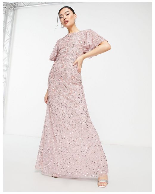 Beauut Pink Bridesmaid Embellished Maxi Dress With Frill Detail