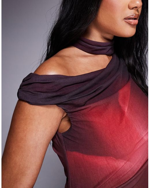 River Island Purple Asymmetric Highneck Mesh Midi Dress