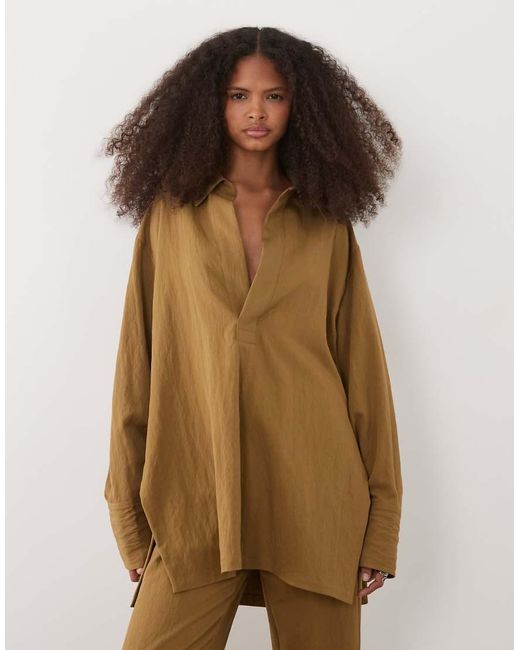 Mango Brown Plan Relaxed Overshirt Co-Ord