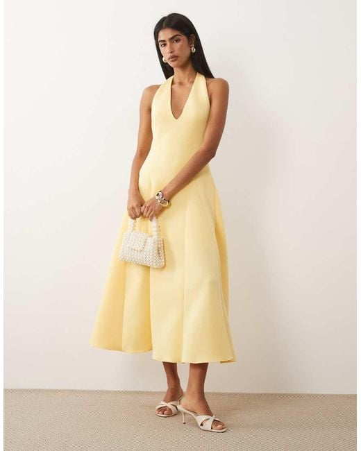 ASOS Natural Plunge Neck Structured Full Skirt Midi Dress