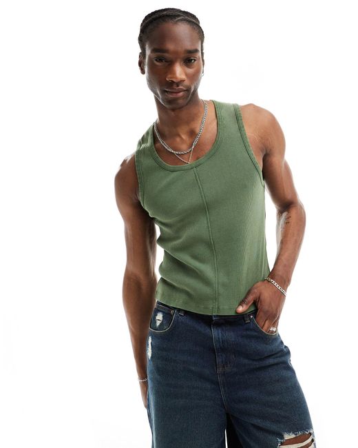 Reclaimed (vintage) Green Ribbed Singlet With Seaming Detail for men
