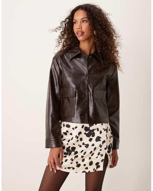 Mango Black Button Down Faux Leather Cropped Jacket