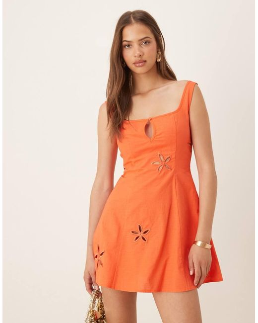 SNDY'S Orange Linen Blend Square Neck Keyhole Flower Cutout Mini Dress