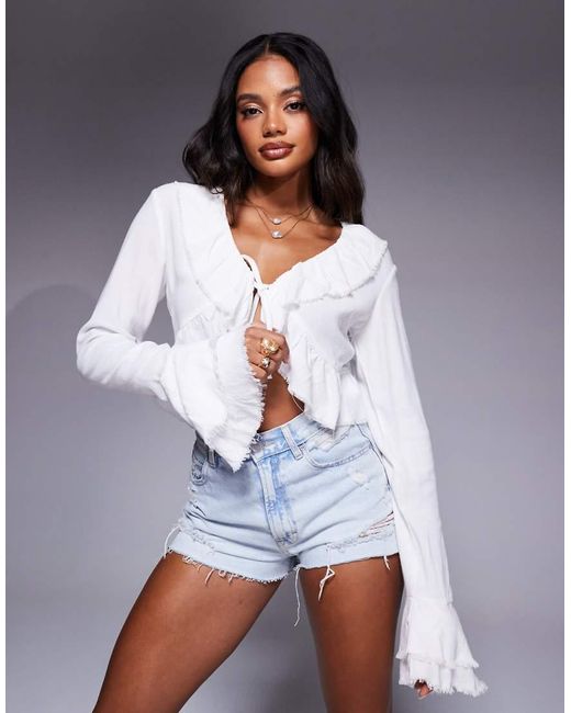 Aria Cove Gray Linen Look Ruffle Tie Front Bell Sleeve Top