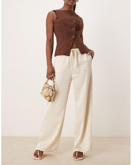 Pretty Lavish Natural Drawstring Wide Leg Satin Trouser