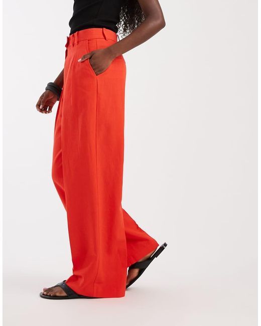 ASOS Red Tailo Linen Look Wide Leg Trousers With Pleat Detail