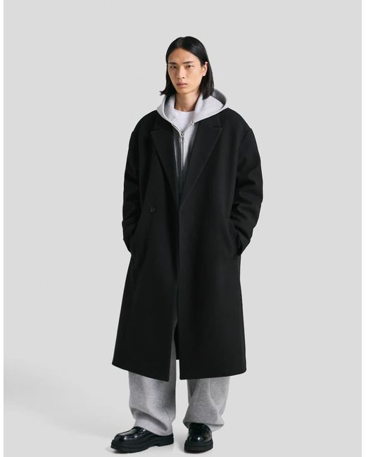 Bershka Black Double-Breasted Wool Look Coat for men