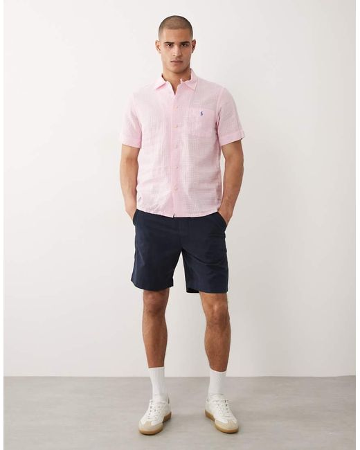 Polo Ralph Lauren Pink Icon Logo Short Sleeve Seersucker Linen Shirt for men
