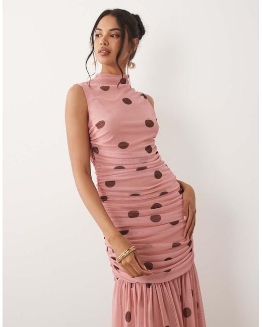 ASOS Pink Printed Polka Dot Ruched Drop Waist Circle Dress With Grown