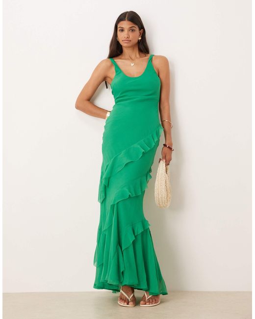 ASOS Green Scoop Neck Maxi Dress With Ruffle Skirt And Cut Out Back