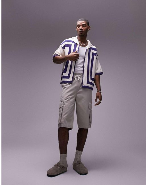 TOPMAN Knitted Crochet Vertical Stripe Button Through Shirt in