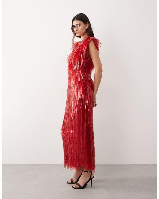 ARRANGE Red All Over Shard Sequin Strong Shoulder Maxi Dress
