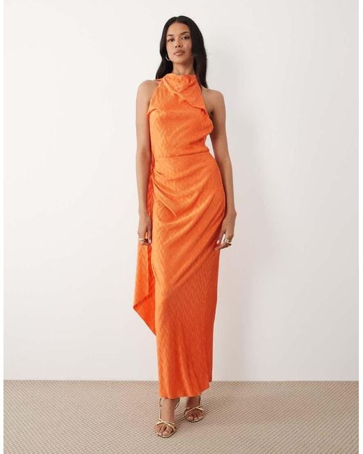 ASOS Orange Zig Zag Plisse Scarf Neck Maxi Dress