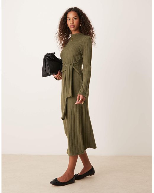 ASOS Natural Chunky Fluffy Ribbed Midi Dress With Wrap Waist